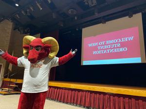 Rowdy the Ram mascot at New Student Orientation